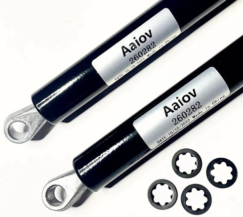 Close-up of RV Awning Gas Strut 24 Inch 124 to 140 Lbs for Pitched Arm Awnings with four retaining washers visible.