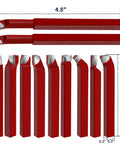 Front view of 11-piece 5/16 in carbide-tipped lathe cutter set in red for metal turning, boring and chamfering.