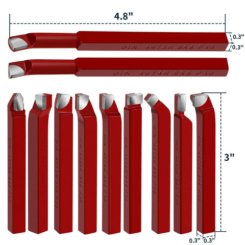 Front view of 11-piece 5/16 in carbide-tipped lathe cutter set in red for metal turning, boring and chamfering.