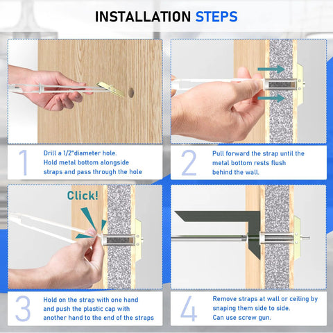 Heavy Duty Hollow Wall Anchor Kit With Included 1/4-20 Bolts, installation steps for wood and drywall application