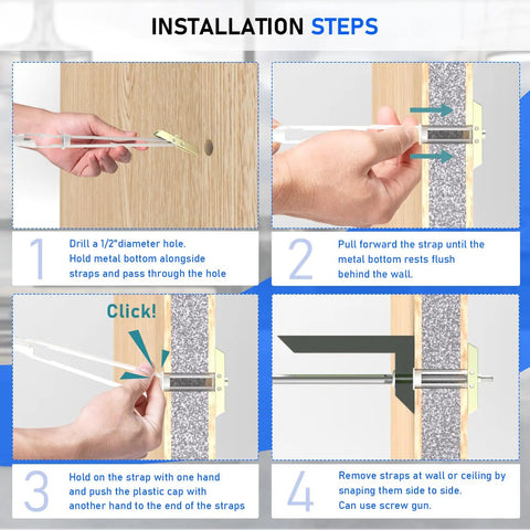 Installation steps for Heavy Duty Drywall Anchors With Steel Bolt Kit For TV Mounting, showing drilling and setup process.