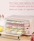 Rock Solid Five Layer Electric Food Dehydrator with transparent trays showing dried fruit, 9L capacity, stainless steel design.