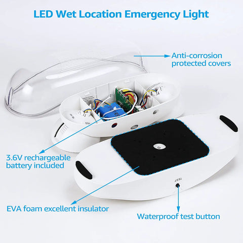 LED Emergency Light With Battery Backup, Wet Location Ready, 2 Adjustable Heads, UL Listed, 120/277V, IP65 Waterproof, interior view