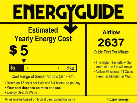 Energy guide label for 52 Inch No Light Ceiling Fan for Indoor Outdoor Use with annual cost and airflow details.
