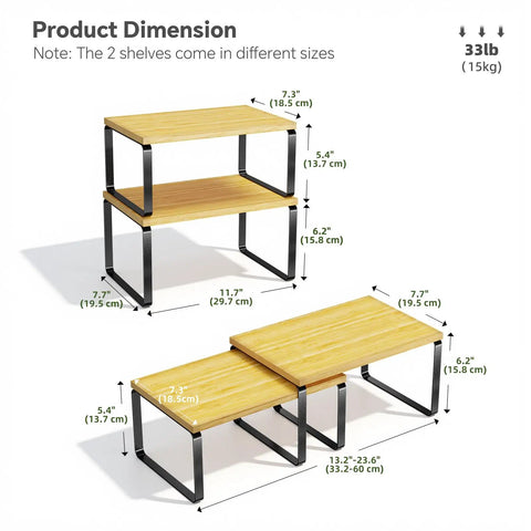 Premium Bamboo Kitchen Counter Shelf Set Of Two Stackable Expandable Spice Rack Storage Holder For Jars Cookbooks Tools dimensions illustration.