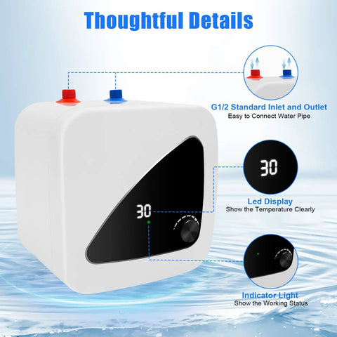 Straight Up Fast Heating Under Sink Water Heater Real Deal 1 Point 5 Gallon Electric Mini Tank Warmer with digital display and inlets