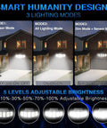 Solar Lights Outdoor Motion Sensor Ultra Bright Security Flood Light With 360 Degree Wide Angle Illumination IP65 Waterproof 7000K 3000 Lumens Solar Powered Floodlight displaying three lighting modes on a house facade.