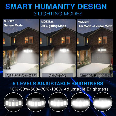 Description of solar outdoor lights with motion sensor, ultra bright 3000LM flood light, 7000K, modes and brightness options displayed.