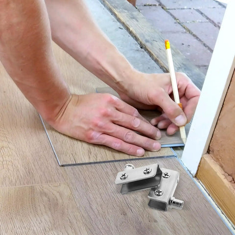 Stainless Steel Glass Door Hinges for 5 to 7mm Thick Glass, 4 Pack Pivot Hinges next to wood flooring installation scene