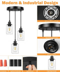 Slick Three Light Black Pendant Fixture With Crystal Clear Glass Shades And Fully Adjustable Suspension Cords showcasing adjustable height and mounting brackets.