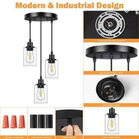 Slick Three Light Black Pendant Fixture With Crystal Clear Glass Shades And Fully Adjustable Suspension Cords showcasing adjustable height and mounting brackets.