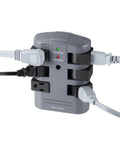 Six Outlet Power Strip Surge Protector With Rotating AC Outlets And Flat Pivot Plug, shown with plugged cords