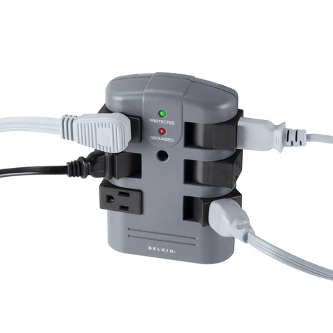 Six Outlet Power Strip Surge Protector With Rotating AC Outlets And Flat Pivot Plug, shown with plugged cords
