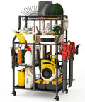 Beefy Garage Organizer With Wheels Large Capacity Garden Tool Storage Rack Heavy Duty Steel Outdoor Shed Organizer Five Tier With Removable Panels And Locking Wheels Perfect For Brooms, Tools, Sports Gear And Yard Essentials showing stocked shelves with tools and supplies.