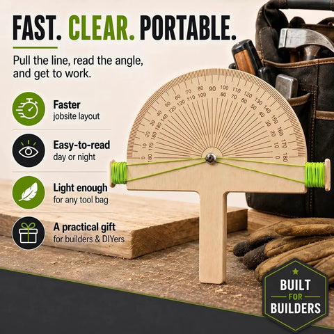 Premium Birch Wood Angle Finder Protractor With String Alignment for quick angle readings, resting on a wooden surface with tools.
