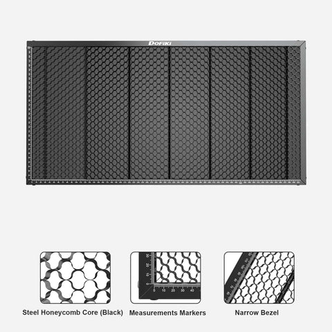 Dofiki steel honeycomb laser bed for P2/P2S CO2 laser cutters; black honeycomb core with measurement rulers.