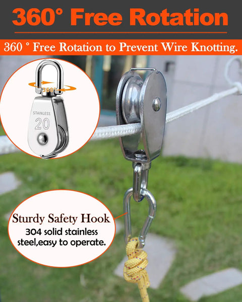 5 Pack M20 Stainless Steel Single Pulley Block Set 304 Grade Lifting Swivel Pulleys With 360 Degree Rotation For Hoisting Heavy Duty Wire Rope System Built To Last Rust Resistant Durable Crane Pulley, 304 stainless steel pulley with rope
