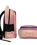 Side and bottom view of Om Sacred Lotus Mandala Art Backpack For Unisex Use, featuring pastel lotus design on durable polyester.