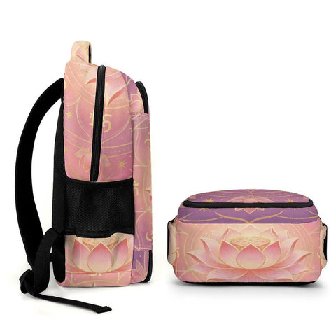 Side and bottom view of Om Sacred Lotus Mandala Art Backpack For Unisex Use, featuring pastel lotus design on durable polyester.
