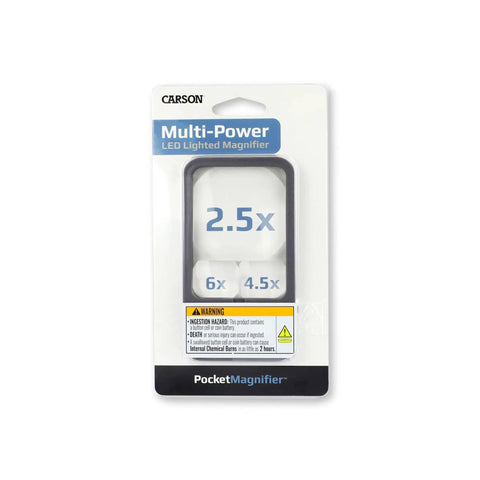 Multi Power LED Lighted Pocket Magnifier With 2.5X Main Lens, 4.5X And 6X Lenses packaging front view