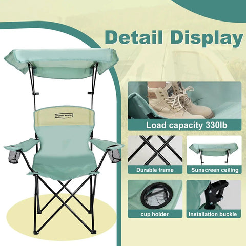 Portable Camping Chair With Adjustable Sunshade Canopy, Oversized Lightweight Beach Chair With Side Pocket, Easy Open Close, UPF 50 Durable 600D Fabric, Great For All Outdoor Activities, Blue shown with details like cup holder and installation buckle