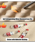 Image showing self-extinguishing foam being lit and bottles with adhesive backing, showcasing safety features.