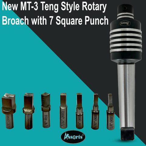 MT3 Teng Style Rotary Broach Holder with 7 Piece Square Broach Set in imperial sizes on teal and black background