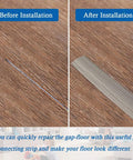 Before and after installation of Self Adhesive Floor Transition Strip For Laminate And Vinyl, wood grain style in gray