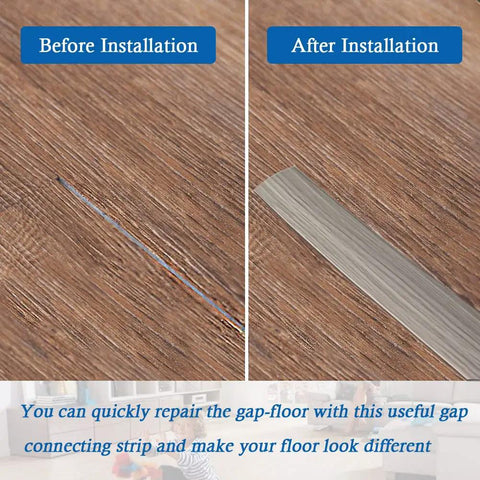 Before and after installation of Self Adhesive Floor Transition Strip For Laminate And Vinyl, wood grain style in gray