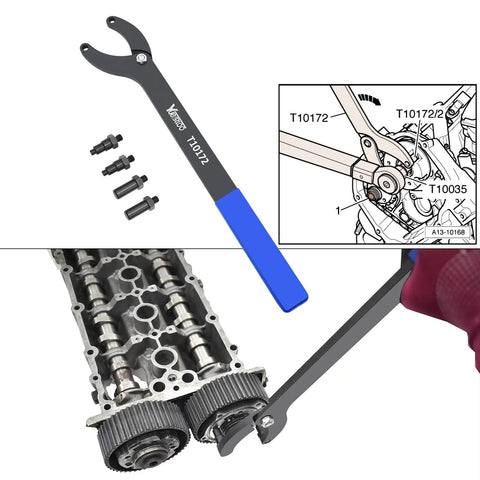 Pro Grade Timing Belt Change Tool Kit For Camshaft Locking And Pulley Assembly VAG 3036 T10172 Compatible VW Golf Maintenance Kit With Gloves showcasing wrench, bolts, diagram