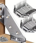 Heavy Duty Stainless Steel Furniture Corner Brackets With Screws Rock Solid Triangular Support Connectors For Wood Drawers Cabinets And Tables, close-up of a metal bracket and screws.