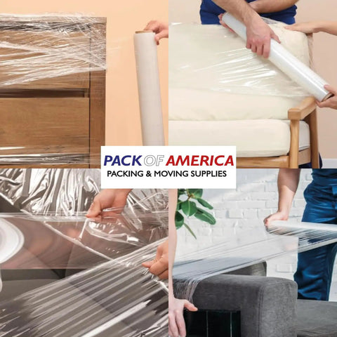 Heavy Duty Clear Stretch Wrap Bundle Four Rolls Straight Up Industrial Shrink Film 18 Inches By 1500 Feet 80 Gauge used for wrapping furniture.