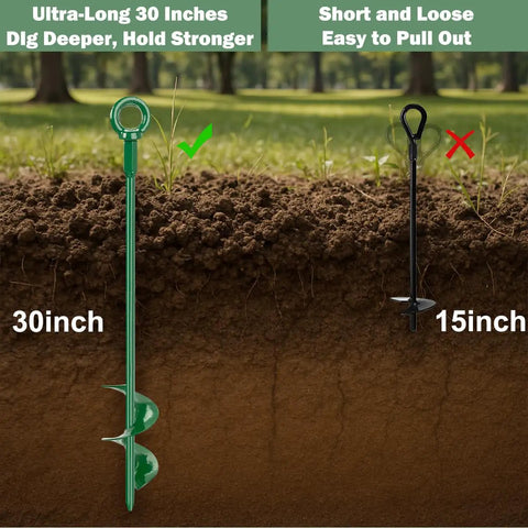 Illustration comparing 30-inch and 15-inch anchors, highlighting Four Pack Thirty Inch Triple Helix Ground Anchors Kit's depth advantage.