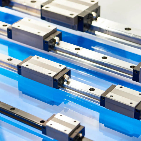 MGN12H Stainless Steel Sliding Carriage Block With Plastic Anti Fall Strip for 12mm Linear Motion Slide Rail Guide on blue background