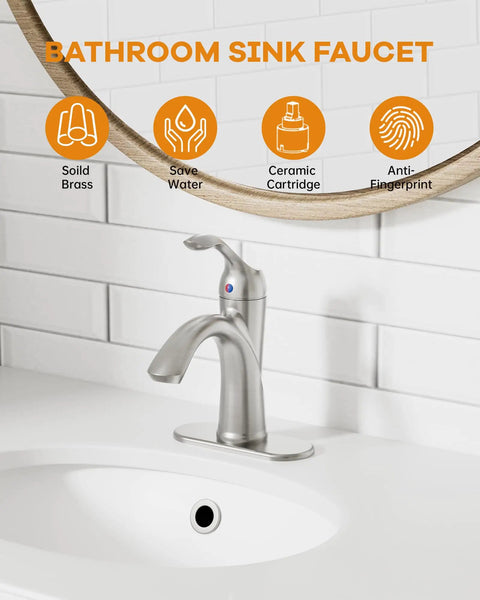 Brushed Nickel Bathroom Faucet With Single Handle For One Hole Vanity Sink Satin Finish, Pop Up Drain, Overflow shown on white sink