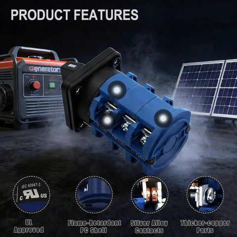 63A Changeover Switch With Box On Off On 3NO 3NC Universal Rotary Cam Selector For Power Transfer, Motor Control, Solar And Grid Switching UL Approved Heavy Duty Cam Switch With Flame Retardant Housing, shown with generator and solar panels
