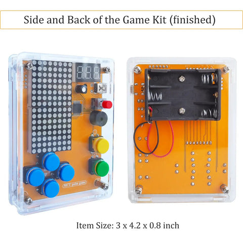 Side and back view of Hands On Solder Kit With Five Retro Game Classics For Electronics Practice And Learning Handheld Size In Clear Acrylic Case