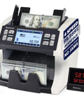 High Speed Cash Counter Machine For Mixed Denominations And Bills Up To 1500 Notes Per Minute With Advanced UV MG IR Sensor Technology portable currency scanner displaying counted cash.