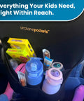 Seat back organizer with snacks and bottles, Air Travel Tray Cover And Seat Back Organizer For Flights, in airplane seat.