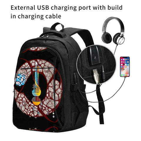 Conveyor Belt Inspired Travel Laptop Backpack With USB Port and Headphone Jack, Black, Showing Charging Feature