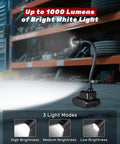 Magnetic Gooseneck Work Light With 4400mAh Rechargeable Battery, 1000 Lumen LED Light For Workbench, 3 modes, shown in workshop