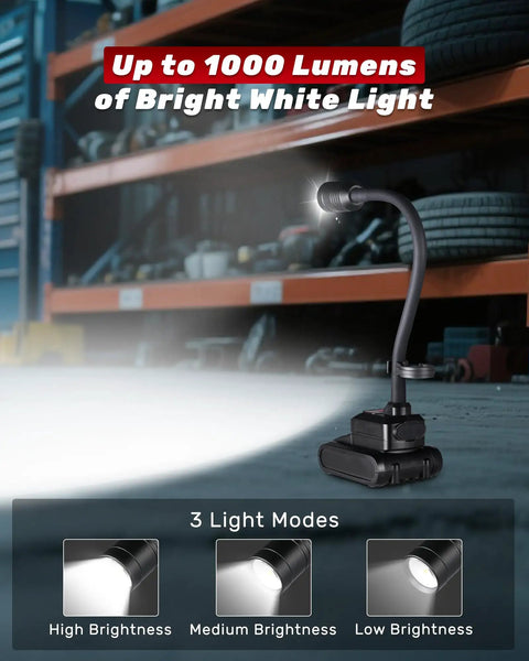 Magnetic Gooseneck Work Light With 4400mAh Rechargeable Battery, 1000 Lumen LED Light For Workbench, 3 modes, shown in workshop