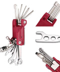 Bike Repair Multitool Kit 21 In 1 with Carry Case, showing red multitool with various tools extended, including wrenches and levers.