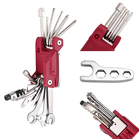 Bike Repair Multitool Kit 21 In 1 with Carry Case, showing red multitool with various tools extended, including wrenches and levers.