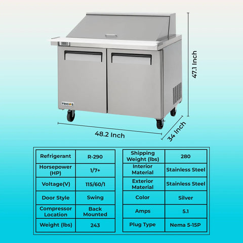 Heavy Duty Kitchen Bad Boy Commercial Sandwich Prep Refrigerator With Bain Marie Well And Eighteen Pan Capacity, 48.2 inch, stainless steel.