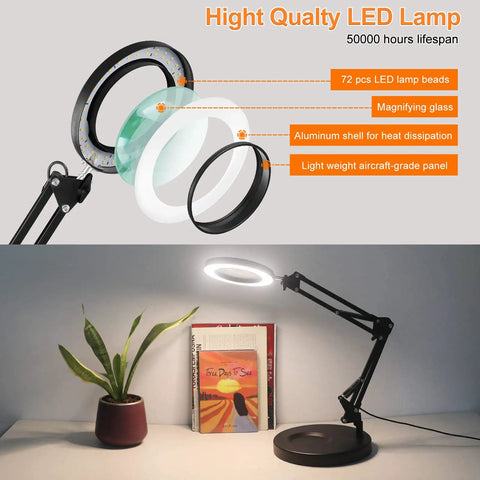 Diagram of 8X Magnifying Glass With Light And Stand For Handy Hobby DIY Close Work Real Glass Magnifier Desk Lamp 1500 Lumens