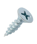 One Hundred Count Gage Six By Half Inch Coarse Thread Phillips Flat Head Wood Screws Zinc Plated Heavy Duty Fasteners For Mdf And Plywood close-up view.