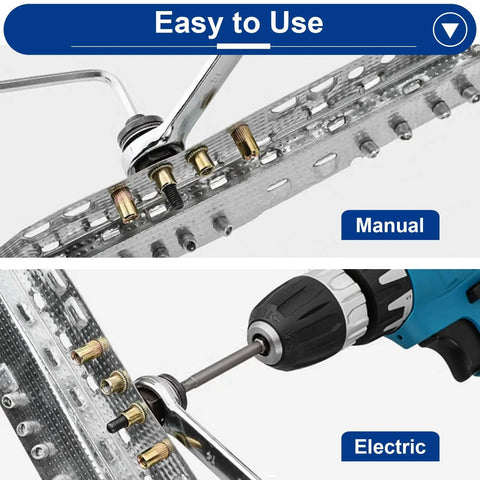 40-Piece 5/16 Rivet Nut Installation Tool Set 5/16-18 Carbon Steel Zinc Flat Head Nutsert Kit shown in manual and electric use