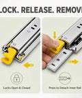 Beefy Heavy Duty Drawer Slides 500 Lb Capacity Full Extension Runners With Lock For Cabinets And Tool Chests Built From Tough Steel Smooth Quiet Glide Industrial Grade Ball Bearings, yellow release handle