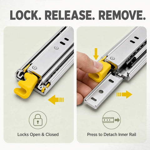 Beefy Heavy Duty Drawer Slides 500 Lb Capacity Full Extension Runners With Lock For Cabinets And Tool Chests Built From Tough Steel Smooth Quiet Glide Industrial Grade Ball Bearings, yellow release handle